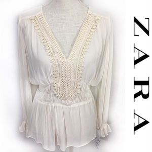 Zara Crochet Combined Long Sleeve Blouse Sz M NWT